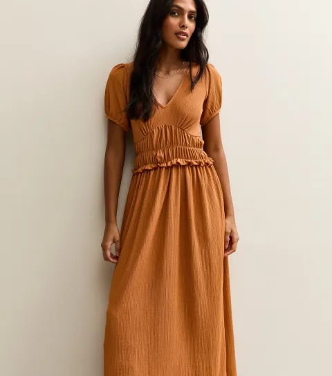 Women's Rust Crinkled Texture Shirred Waist Midi Dress
