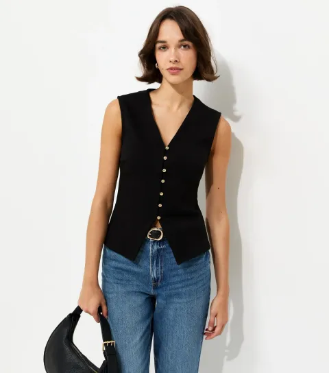 Women's Black Cotton Rich Ponte V-Neck Waistcoat