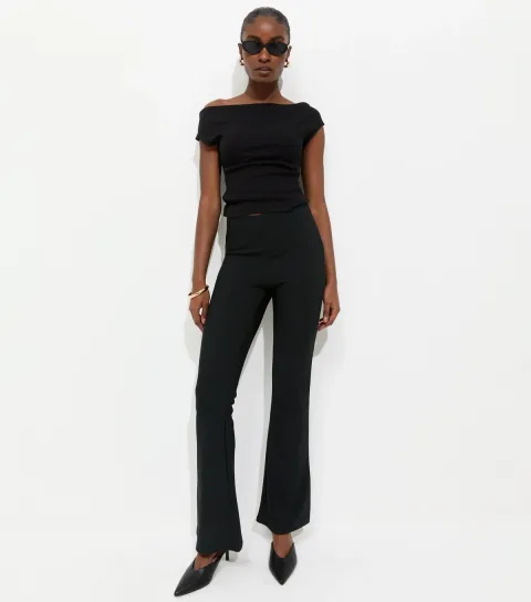 Women's Black Ribbed Flared Trousers