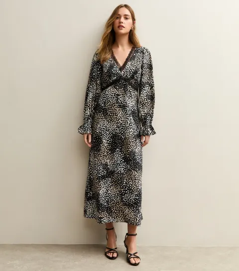 Women's Black Spot Pattern Long Sleeve Midi Dress