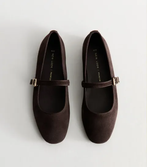 New Look Women's Premium Dark Brown Real Suede Mary Jane Ballet Flats