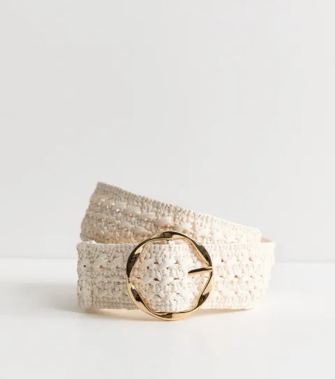 White Woven Raffia Look Circle Buckle Belt