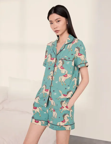 Chelsea Peers Jersey Horse Print Revere Shortie Set Teal