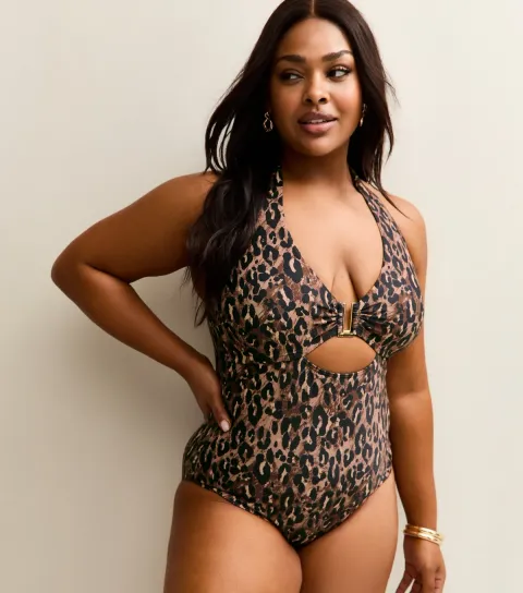 Women's Plus Size Brown Animal Print Halter Neck Swimsuit Curves