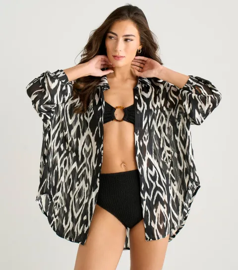 Women's Black Abstract Print Beach Shirt