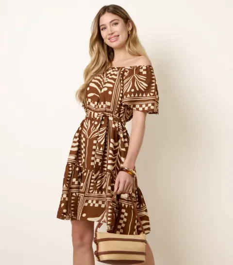 Women's Brown Printed Off The Shoulder Mini Dress