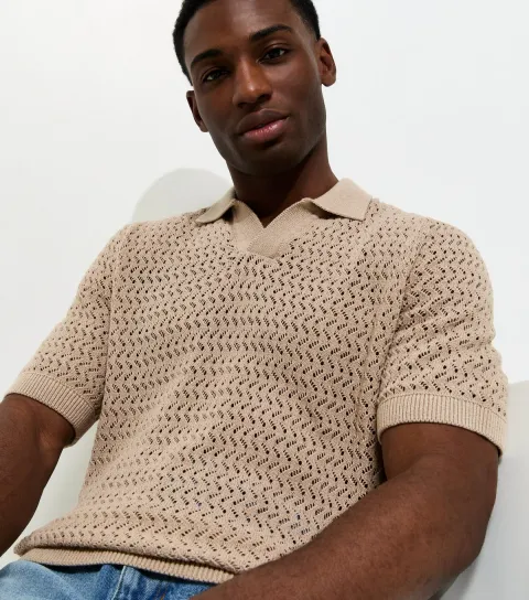 Men's Stone Regular Open Knit Polo Shirt