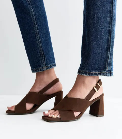 Women's Dark Brown Faux Suede Cross Over Block Heel Sandals