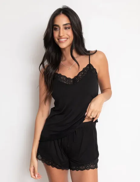 Pour Moi Sofa Loves Lace Trim Pyjama Shorts Black