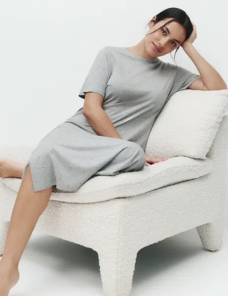 Marks & Spencer Cotton Modal Printed Long Nightdress Grey Mix