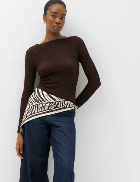 Marks & Spencer Slash Neck Textured Long Sleeve Top Bitter Chocolate