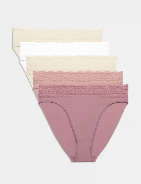 Marks & Spencer 5pk Cotton Lycra High Leg & Lace Knickers Dusky Pink