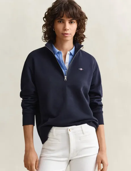 Gant Cotton Rich Funnel Neck Half Zip Sweatshirt Navy