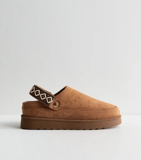 New Look Women's Tan Faux Suede Stitch Trim Slingback Slipper Boots