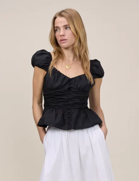 Pure Cotton V-Neck Puff Sleeve Top Black