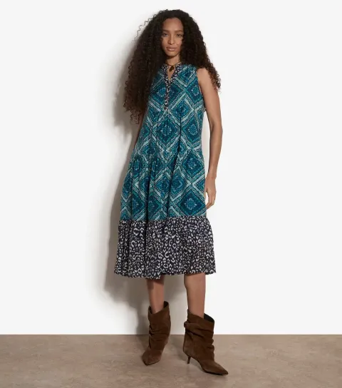 Women's Teal Geometric Print Sleeveless Midi Dress