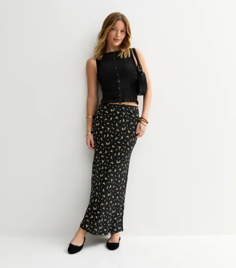 Women's Black Lemon Print Bias Cut Midi Skirt