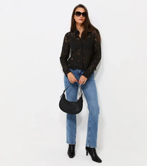 Women's Black Semi Sheer Pocket Detail Lace Shirt