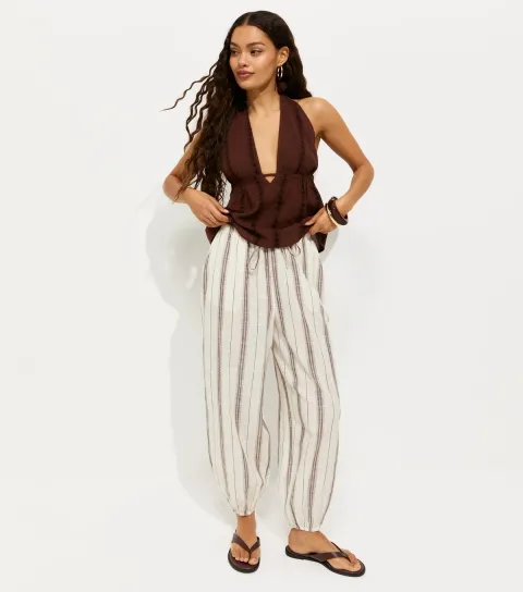 Women's Petite Brown Cotton Woven Striped Cuffed Trousers