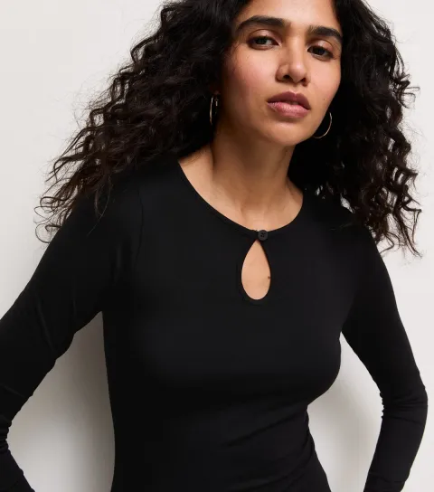 Women's Black Button Keyhole Long Sleeve Top