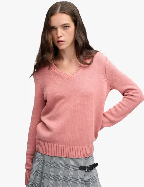 Superdry & Co Washed Pure Cotton Jersey V-Neck Slim Jumper Pink