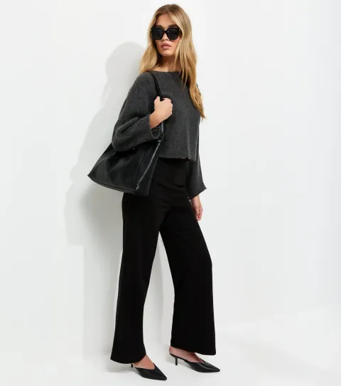 Women's Tall Black Jersey Wide Leg Trousers