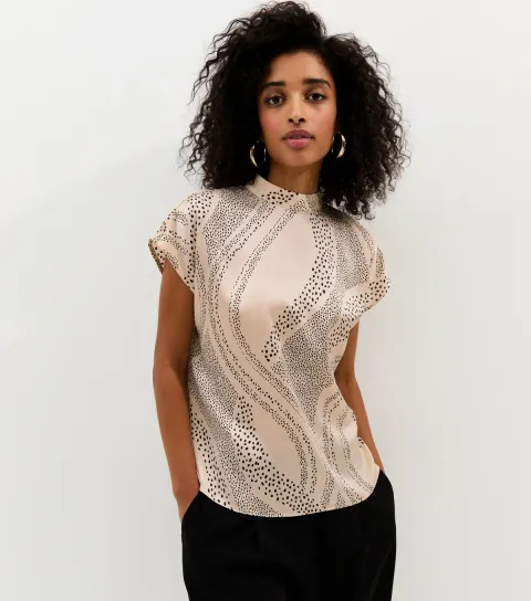 Women's Cream Satin Swirly Print High Neck Blouse