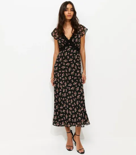 Women's Black Floral Print Chiffon Lace Trim Midi Dress