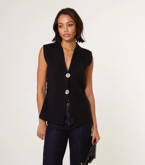 Women's Black Knit Collared Waistcoat
