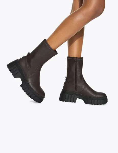 Kurt Geiger Block Heel Round Toe Sock Boots Brown