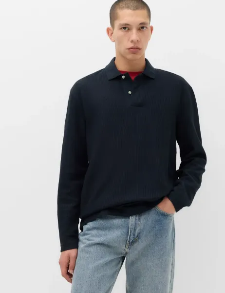 Marks & Spencer Cotton Blend Ribbed Long Sleeve Polo Shirt Navy