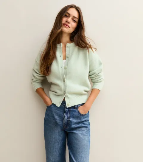 Women's Petite Mint Green Crew Neck Short Cardigan