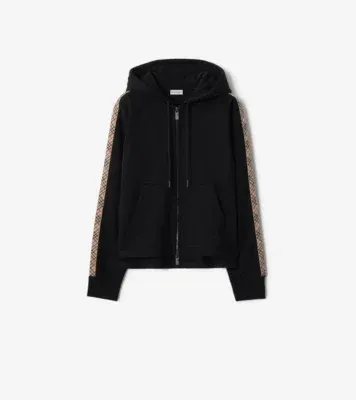 Check Trim Cotton Zip Hoodie in Black
