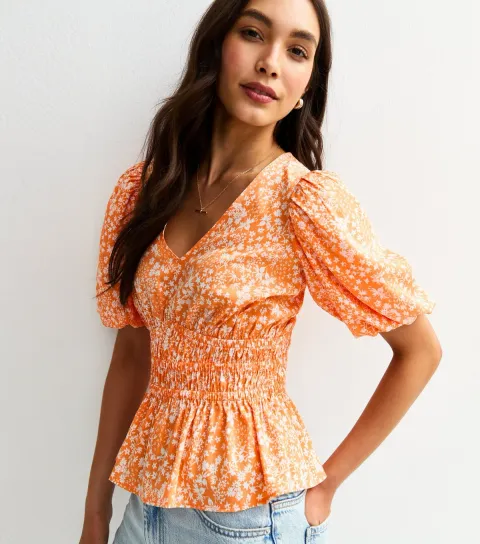 Women's Orange Floral Shirred Waist Blouse
