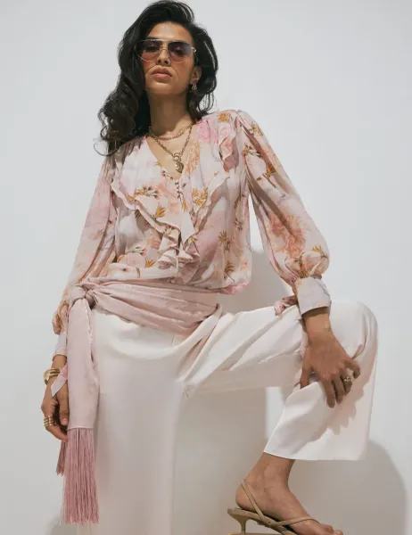 River Island Floral Ruffle Detail Blouse Beige Mix