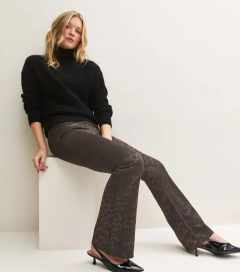 New Look Women's Brown Leopard Jacquard Flared Leg Trousers