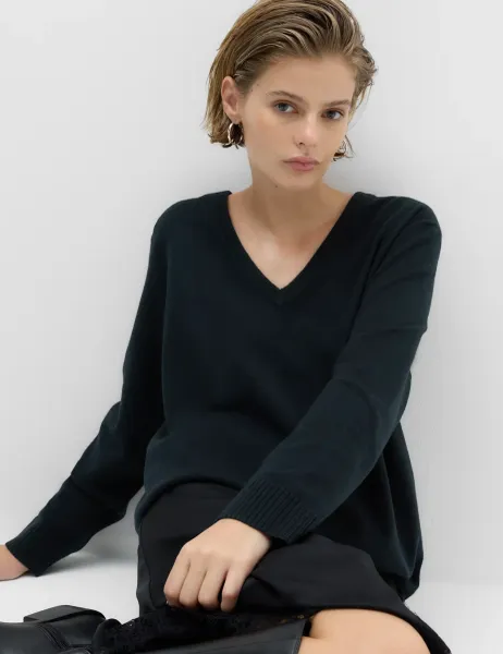 Marks & Spencer Air-Yarn V-Neck Oversized Longline Jumper Midnight Navy