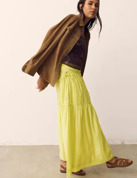 Per Una Ruched Waist Midi Tiered Skirt Soft Lime
