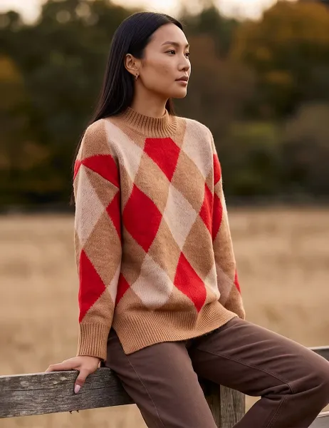 Roman Rayon Blend Argyle Jumper Camel Mix