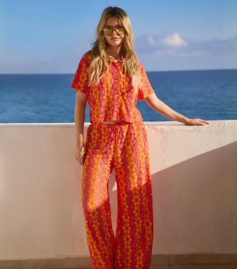 Women's Orange Floral Crochet Wide Leg Beach Trousers