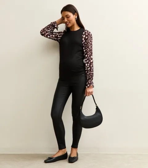 Women's Maternity Black Soft Touch Printed Sleeve Top