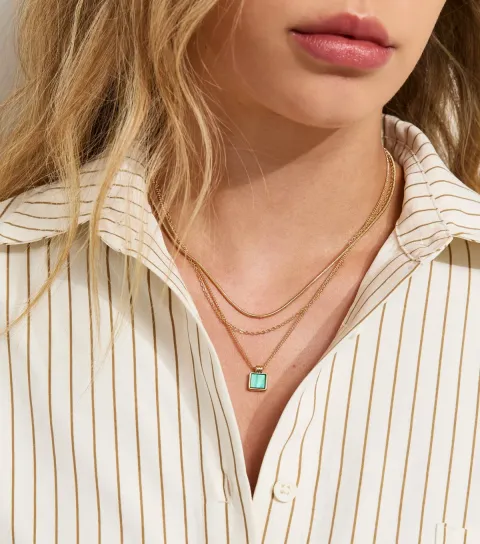 Gold Tone 3 Layer Square Pendant Necklace