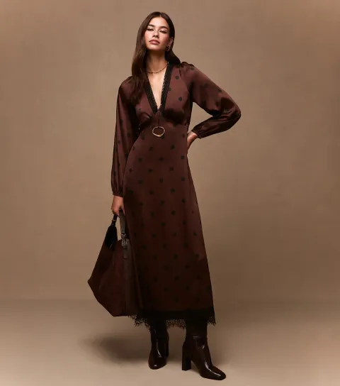 Women's Dark Brown Polka Dot Tea Midi Dress