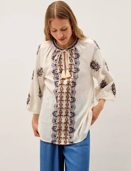 Pure Cotton Embroidered Tie Neck Tunic Top Ivory