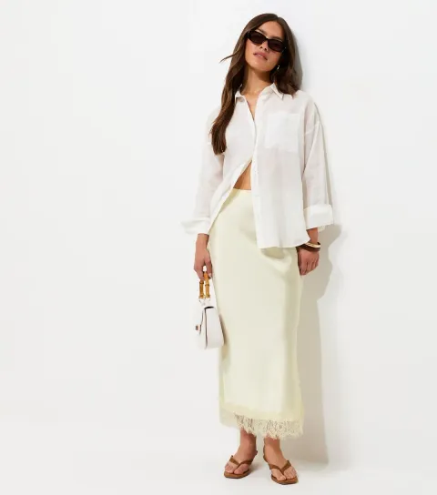 New Look Women's Petite Cream Satin Lace Trim Midi Skirt