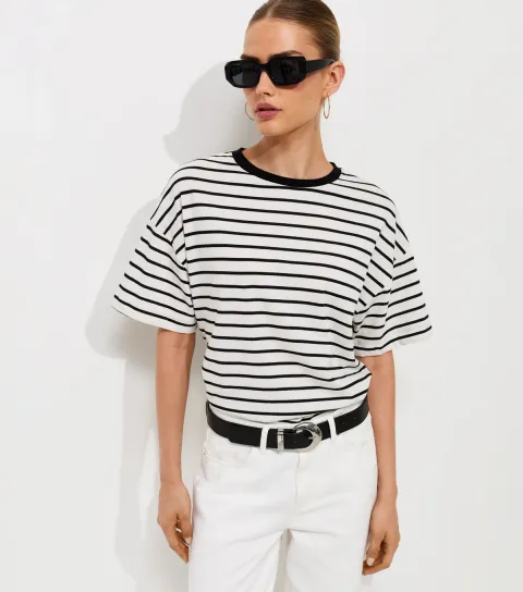 New Look Women's White Cotton Striped Oversized Boxy Fit T-Shirt