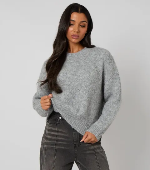 Women's Light Grey Brushed Knit Relaxed Jumper