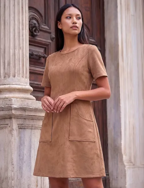 Roman Petite Stitch Detail Knee Length Skater Dress Tan