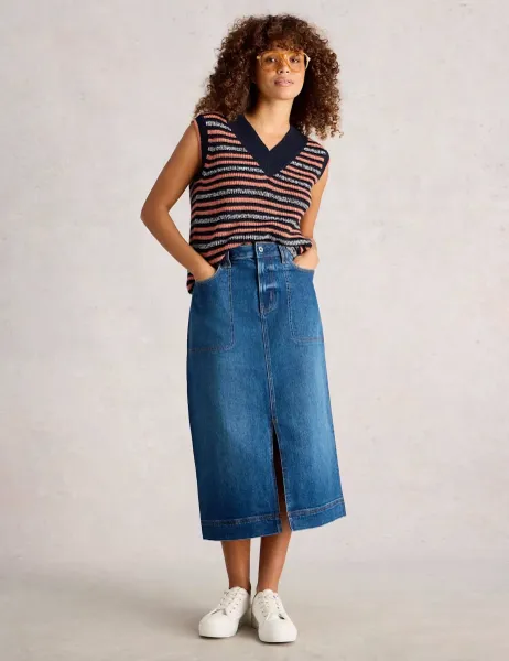 White Stuff Cotton Rich Denim Front Split Midi Skirt Denim