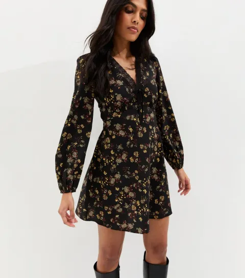 Women's Black Floral Print Lace Trim Mini Dress